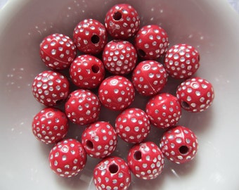 20 Red & Silver Polka Dotted Etched Round Acrylic Beads 8mm