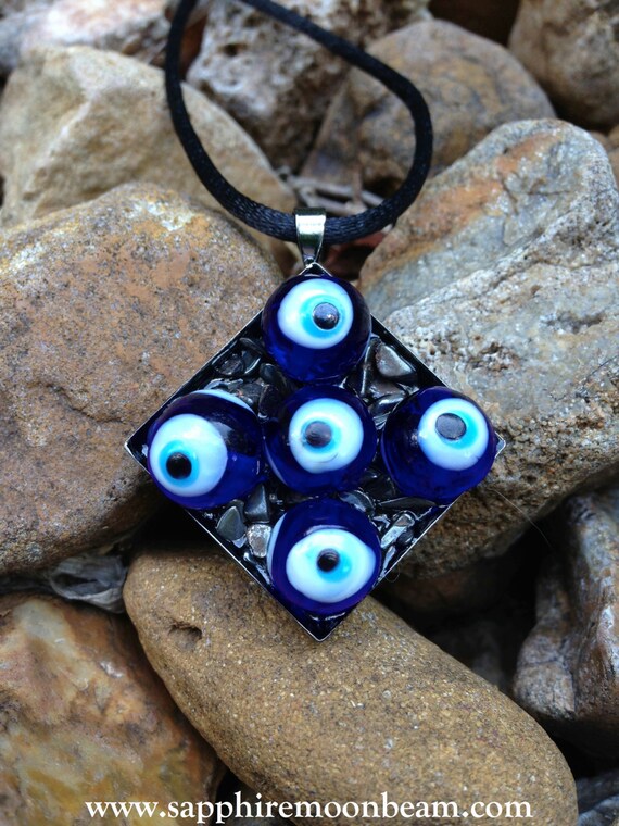 Blue Evil Eye Protection Pendant Hematite stone Hippie