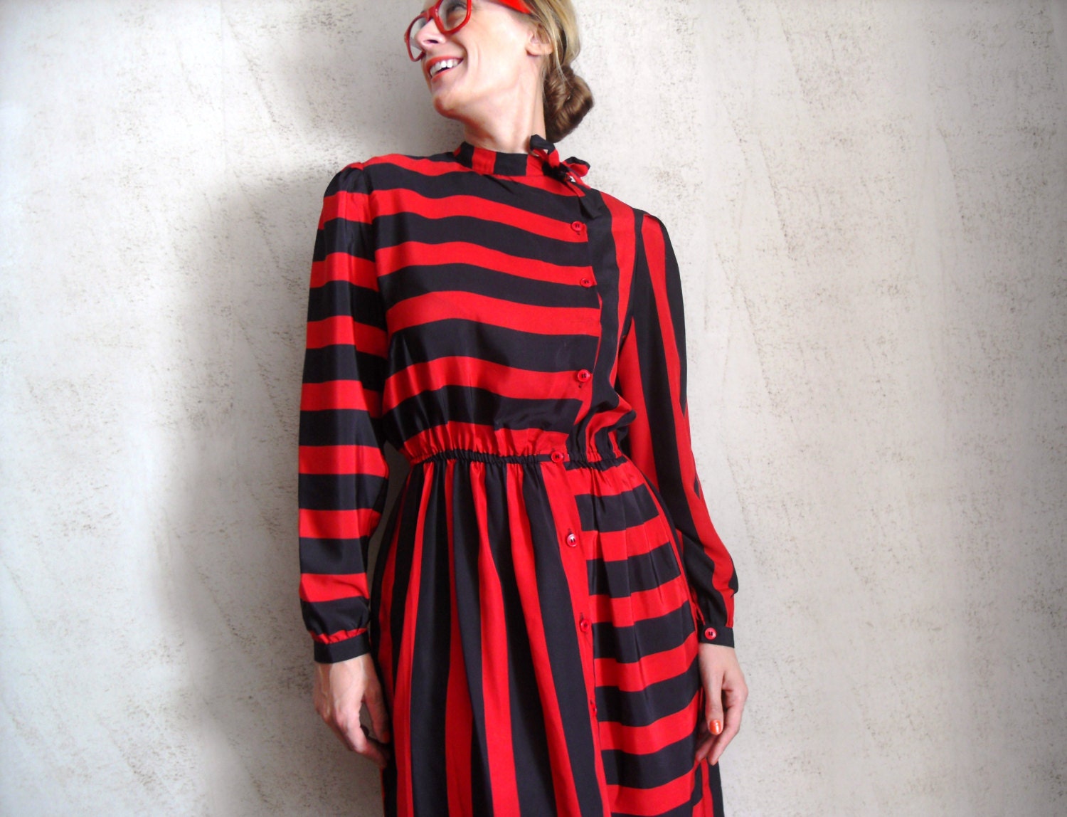 Vintage Dress.Black and Red Stripe Dress.Elastic Waist by Elunias