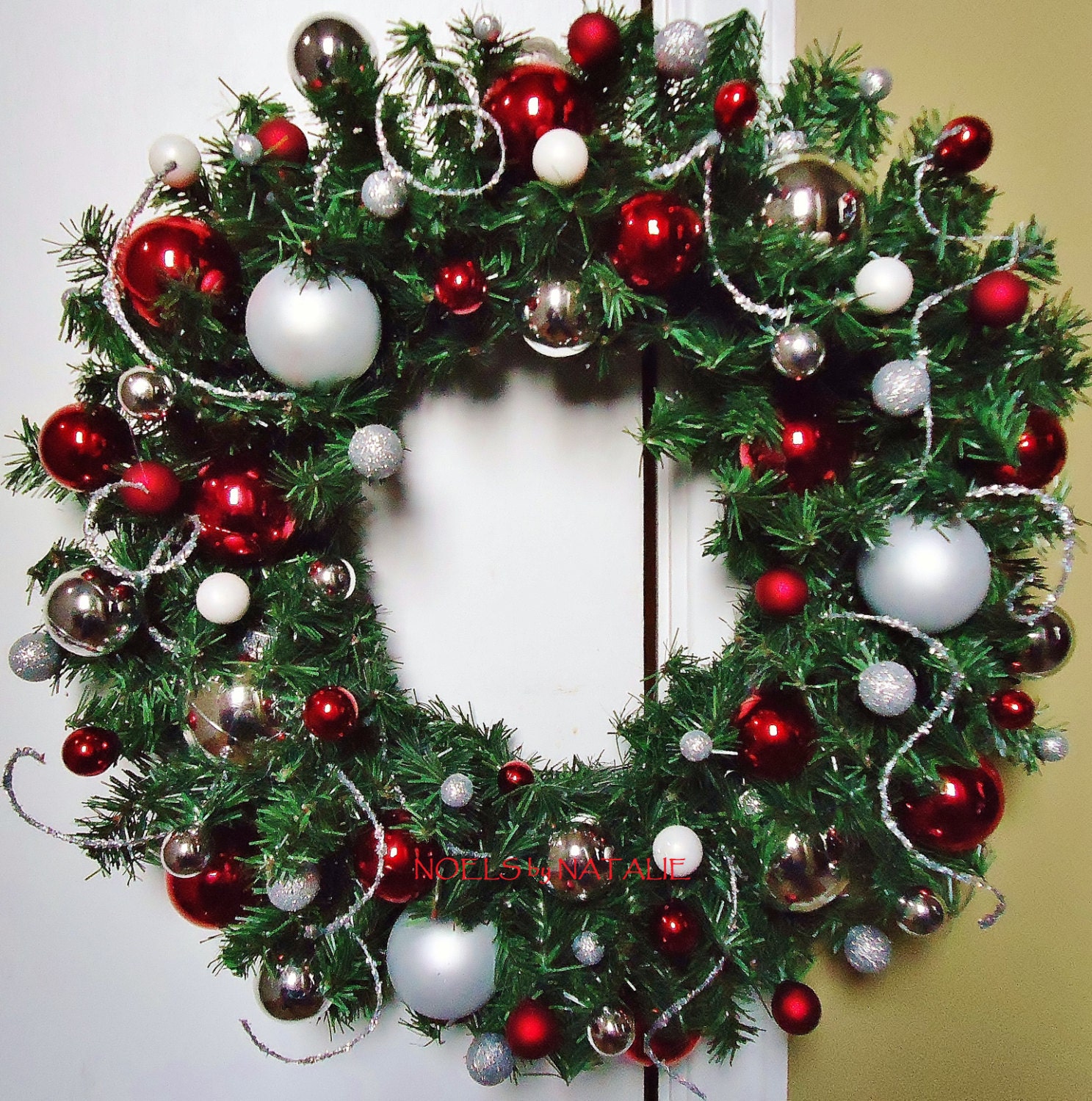 24" Red and Silver or Red, White, and Silver Christmas Wreath
