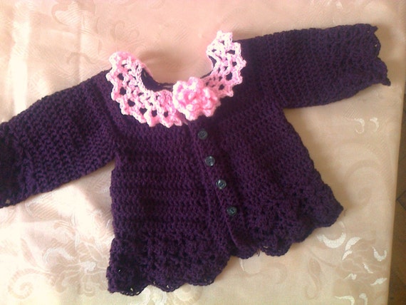 Crochet baby sweater in purple pink accent newborn by paintcrochet