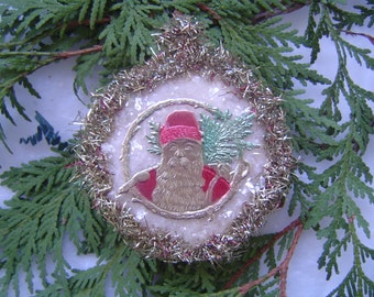 25% SALE! Rare Tri-Color Antique Metal Tinsel German Santa Dresden Cotton Batting Mica Handmade Christmas Tree Ornament