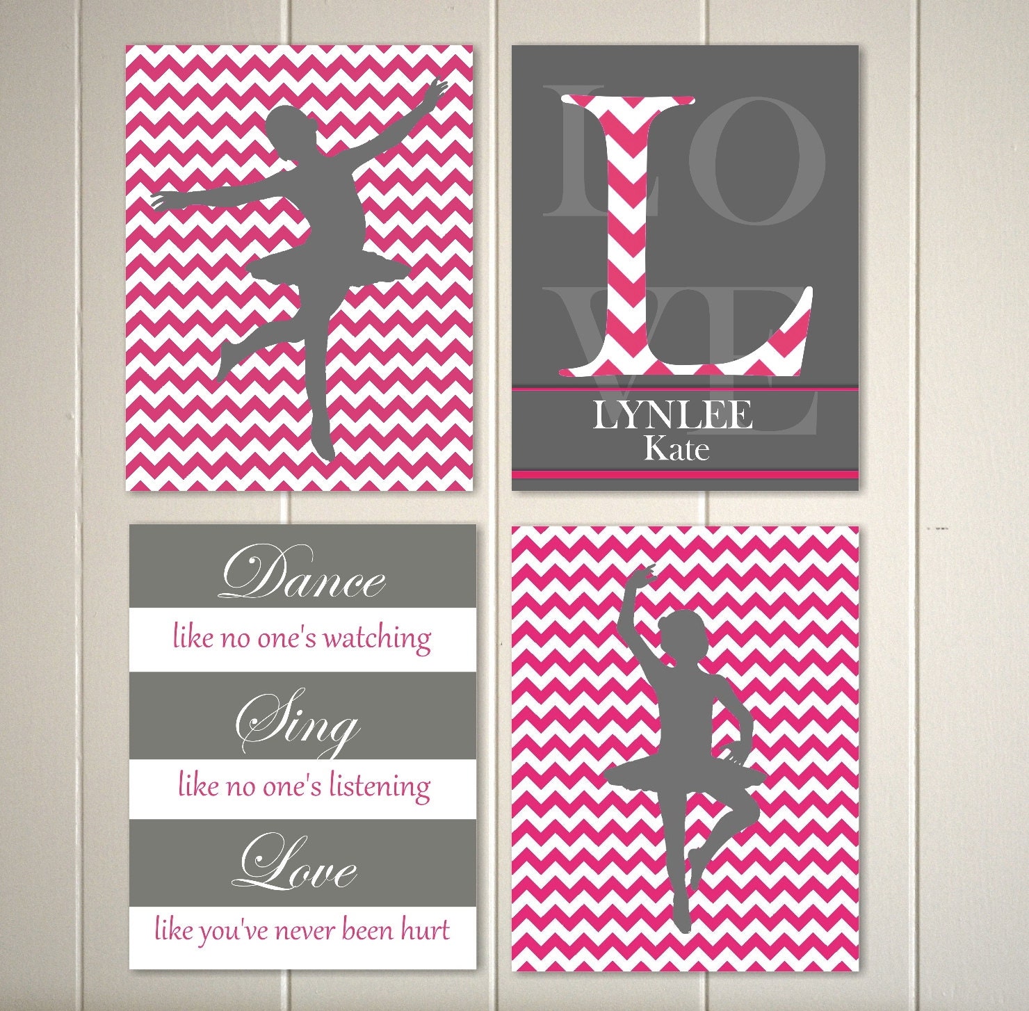 Girls room wall art, ballerina, chevron, hot pink, monogram, baby girl nursery, Set of 4