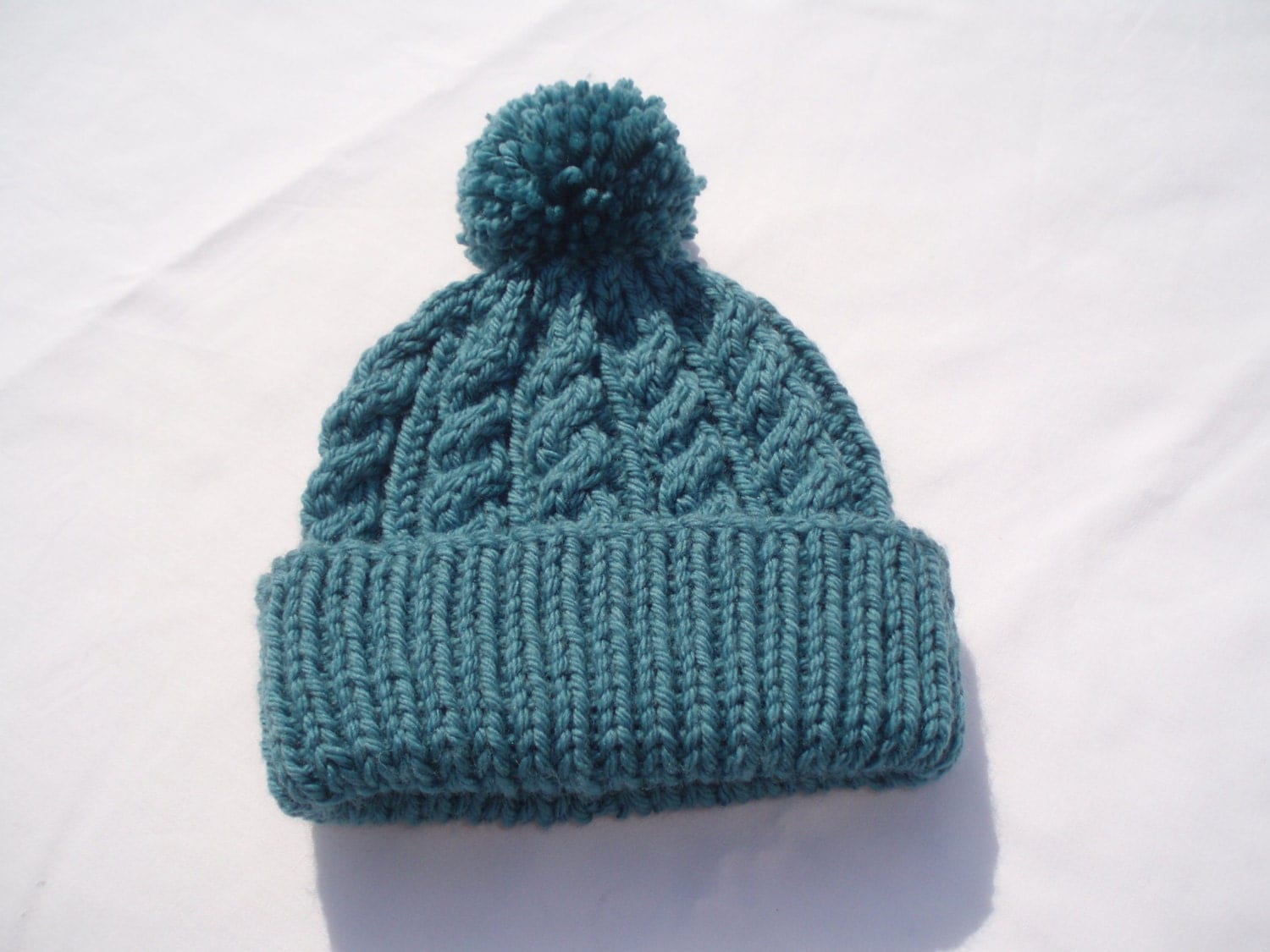 Teal hand knitted aran beanie bobble hat Unisex adult sizes