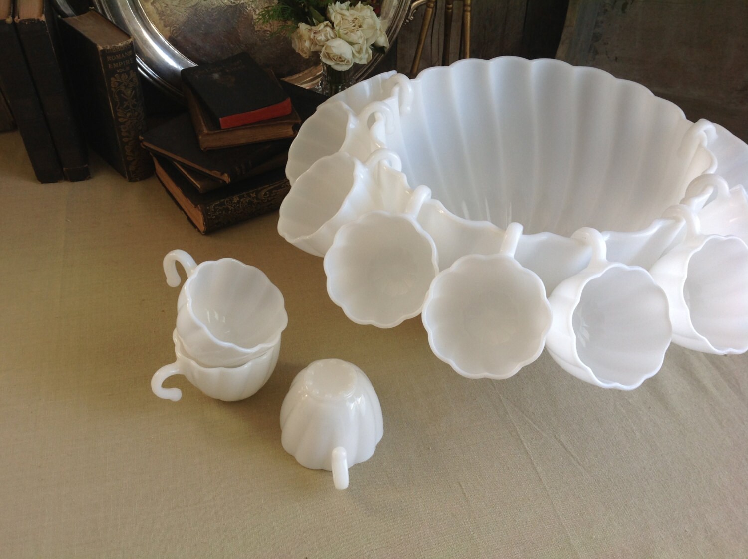 Vintage Milk Glass Punchbowl12 cups and 1 large punch bowl