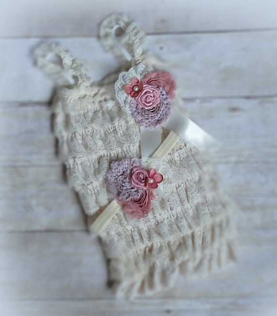 beige lace romper set. Lace Petti Romper headband and belt