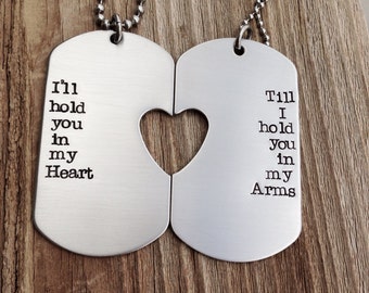 military dog tag hand stamped his and her set I'll hold you in my heart stainless steel jewelry