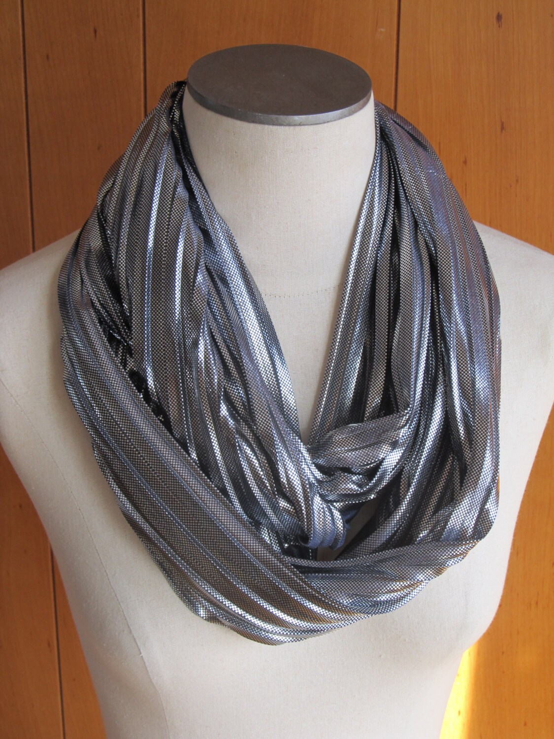 Infinity scarf Loop scarf silver metallic and navy silky two