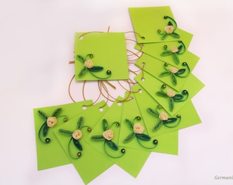 Quilled Birthday Gift Tags, Set of 10 Quilled Flower Tags, Green Gift Tag Set