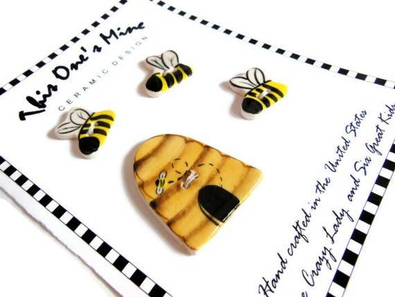 Large Beehive Button and 3 Bee Buttons Handpainted Ceramic