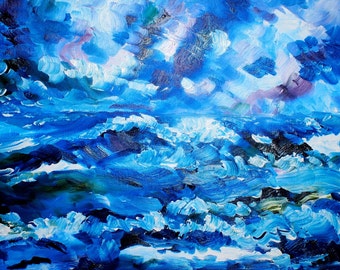 Original Art Print. Impressionist Ocean scape splashing waves sky clouds dark blue green light blue Original oil painting by BrandanC