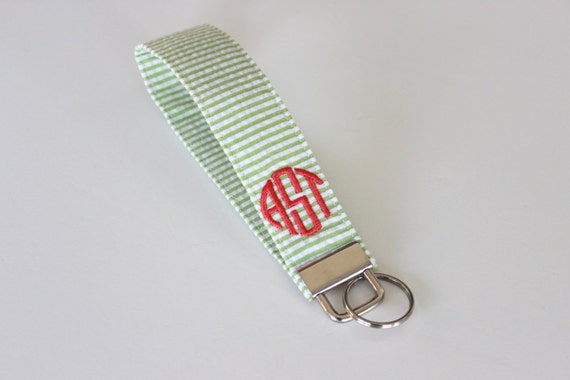 Monogrammed Seersucker Wristlet Key Fob - Bridesmaid Gift - Preppy ...