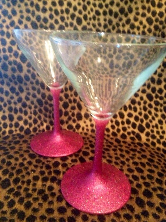 Martini Glasses Set of 2 Pink Glitter by GunMetalAngels on Etsy