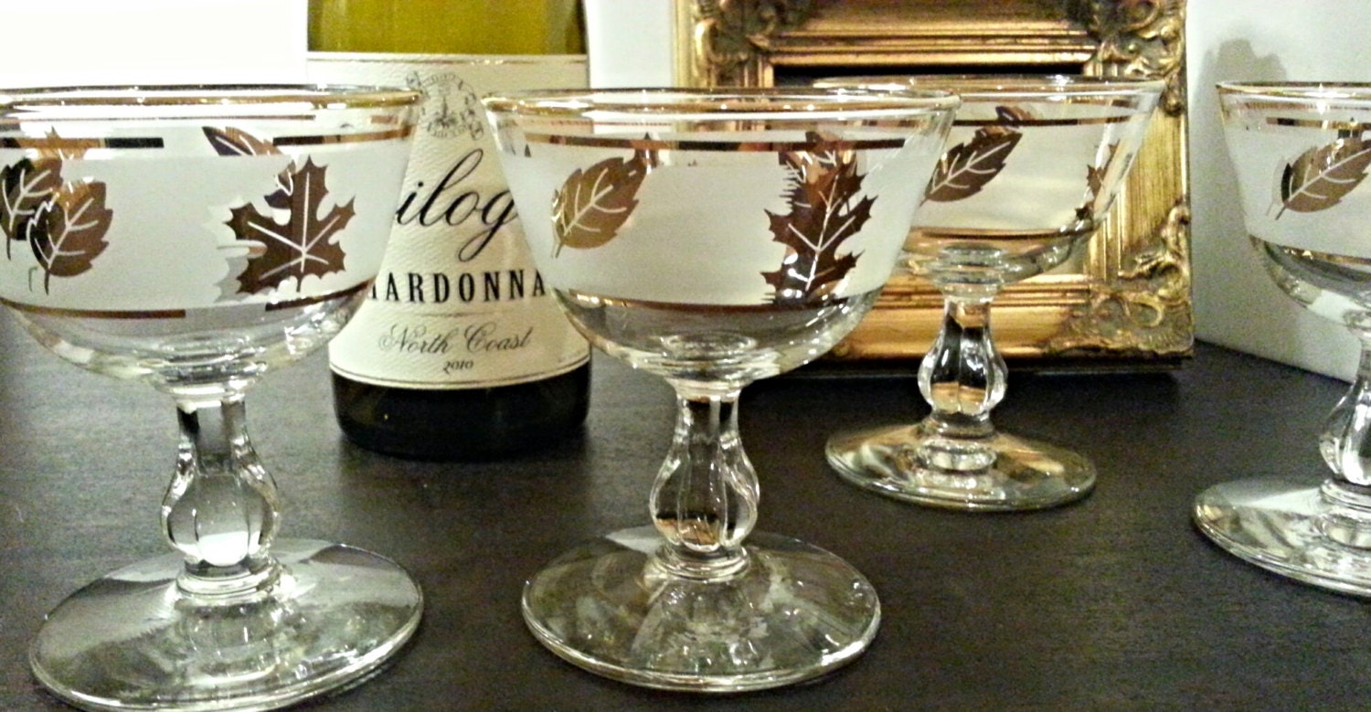 Coupe Glasses Gold Leaf Design Champagne by HingeModernVintage