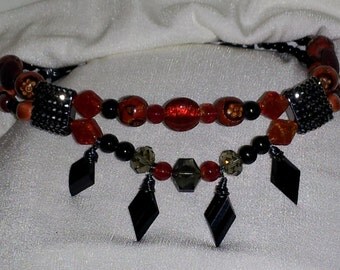Beaded Browband for Horse's Headstall. Burnt-Orange, Red, Black Pave', Dangles, Bling for Bridles. Any color connector