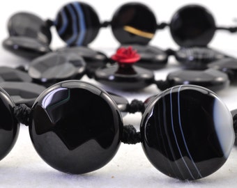 20 pcs of Natural Black Banded Agate faceted flat coin beads in 16mm (01873#)