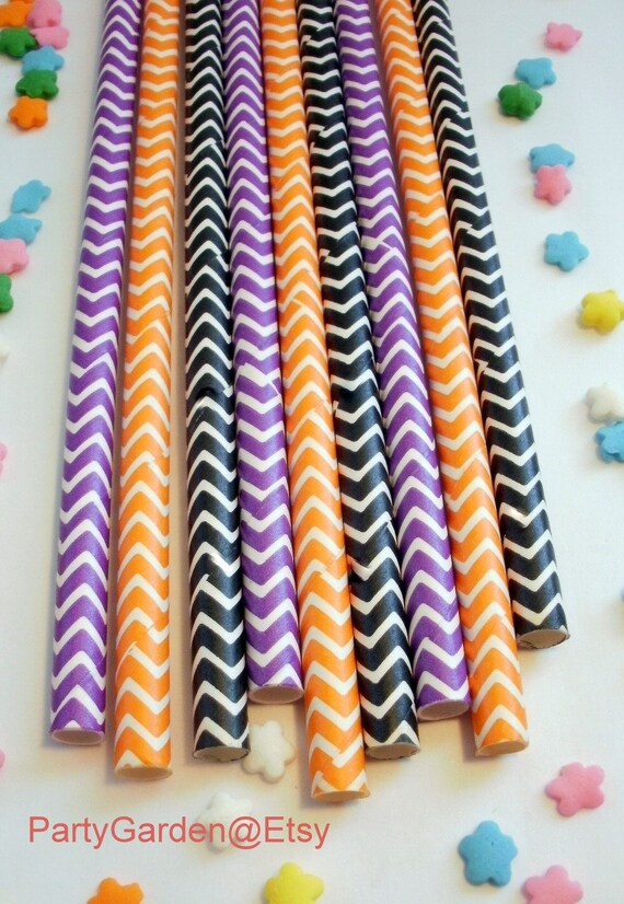 50 Orange Purple and Black - Halloween - Chevron Paper Straws - With Free Printable DIY Flags Il_570xn