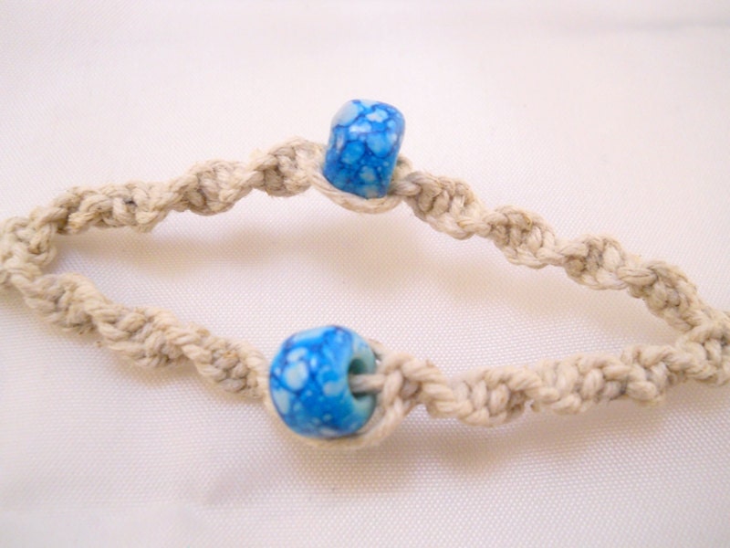 Natural Hemp Necklace w/ Blue Glass Beads & Blue/Lavender