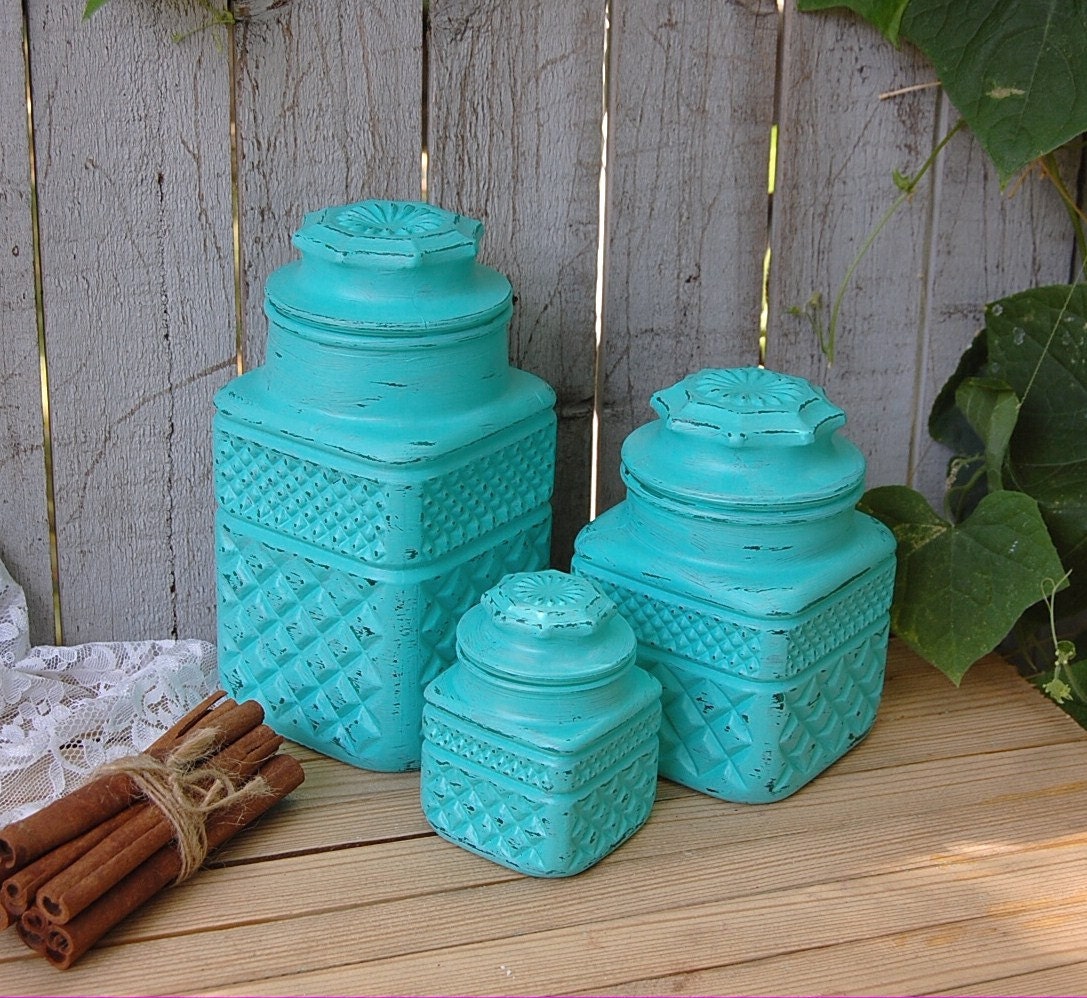 Canister Set  Shabby Chic Tiffany  Blue  Pressed Glass