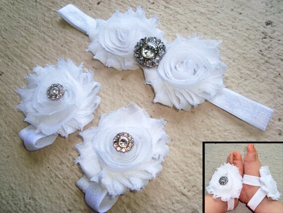 White Rhinestone Baby Barefoot Sandals Headband Set - Piggy Petals ...