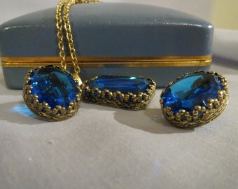 CLEARANCE Art Deco Cobalt Blue Simmons Necklace and Earring Set in Original Box