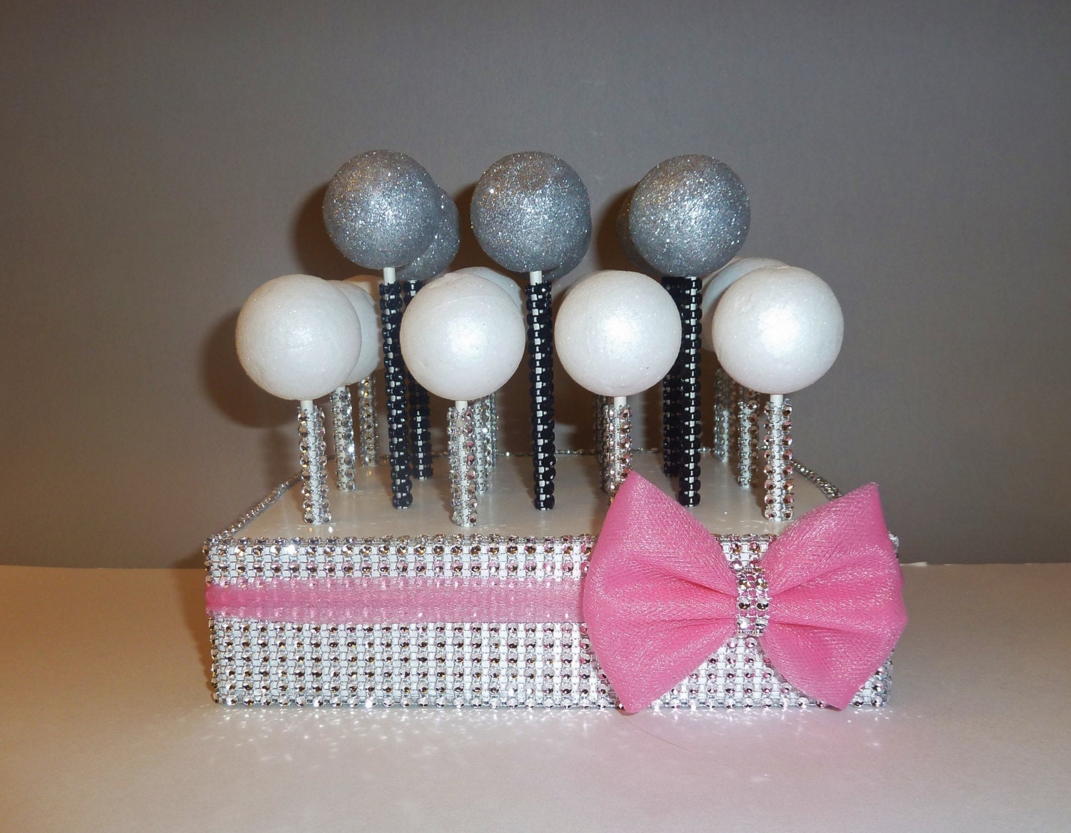 cotton candy hot pink tulle bow silver bling cake pop stand