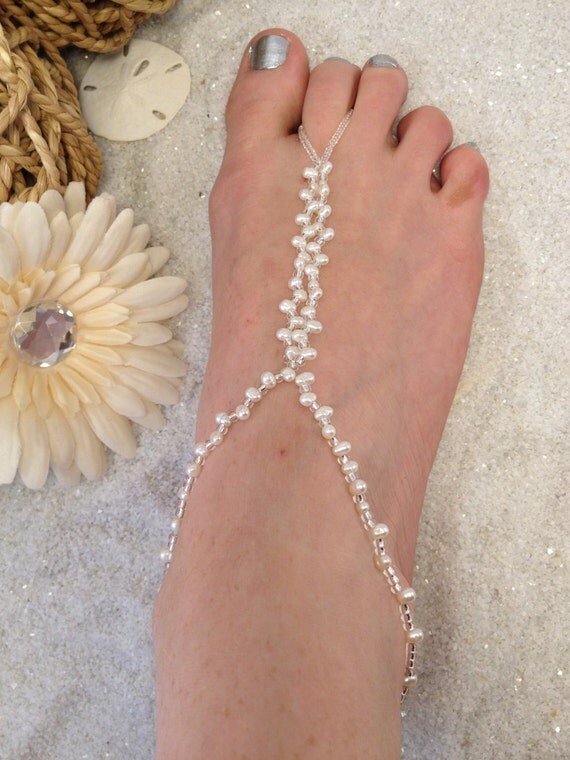 Items similar to Pearl barefoot sandals pearl foot jewelry, anklet