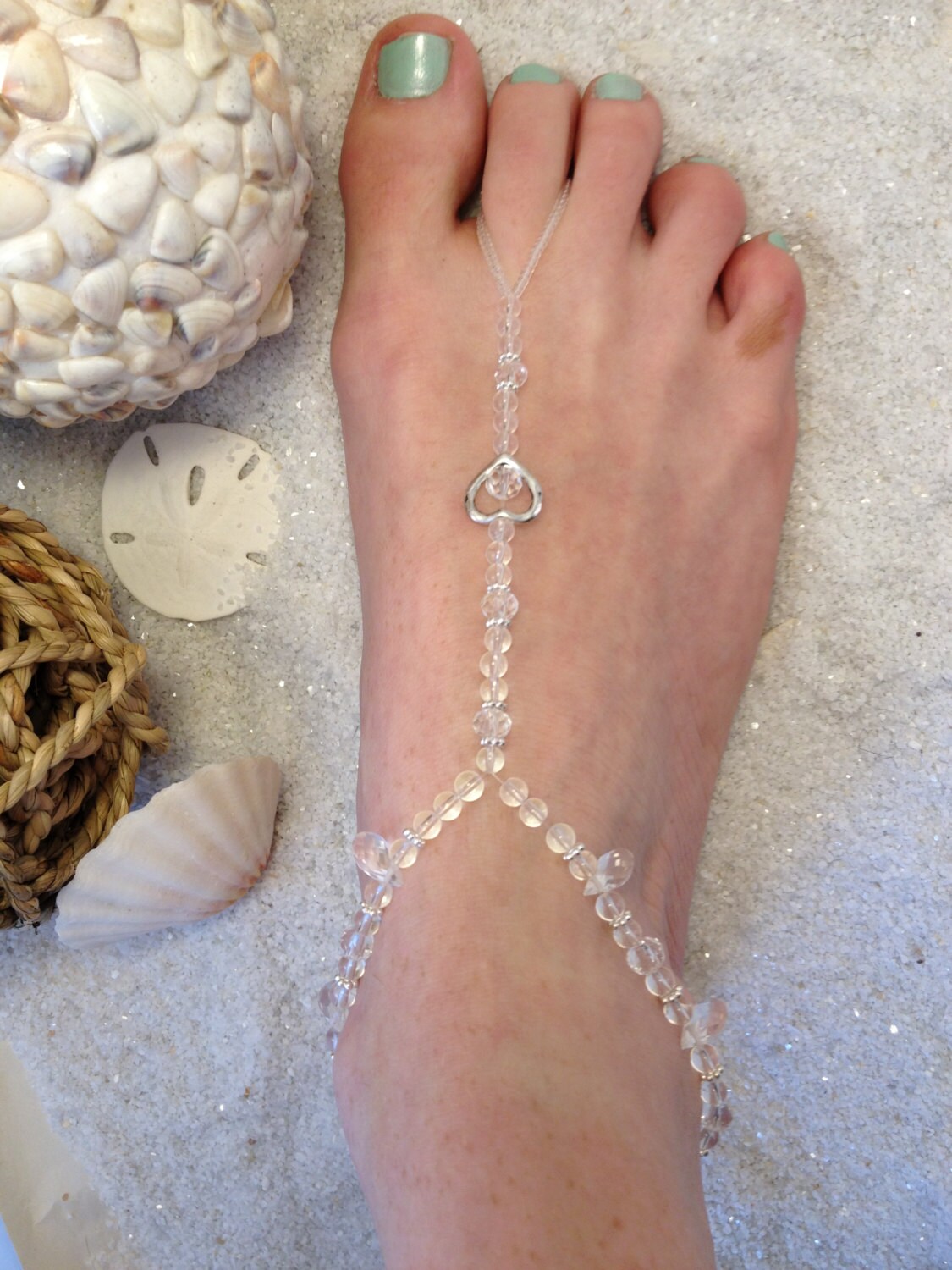Crystal heart barefoot sandals silver by SilverSpoonLifestyle