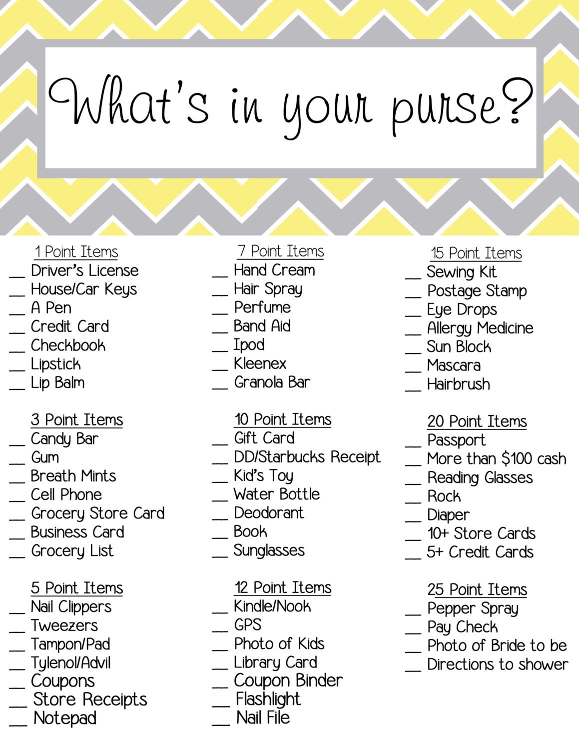 Bridal Shower Game What's in your purse by SandInMyShoesDesigns