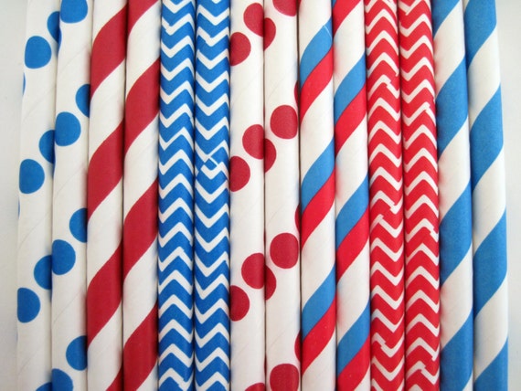Dr. Seuss Red, White and Bright Blue Paper Straw Mix - Stripe, Dot & Chevron - ships less than 24 hours Il_570xn