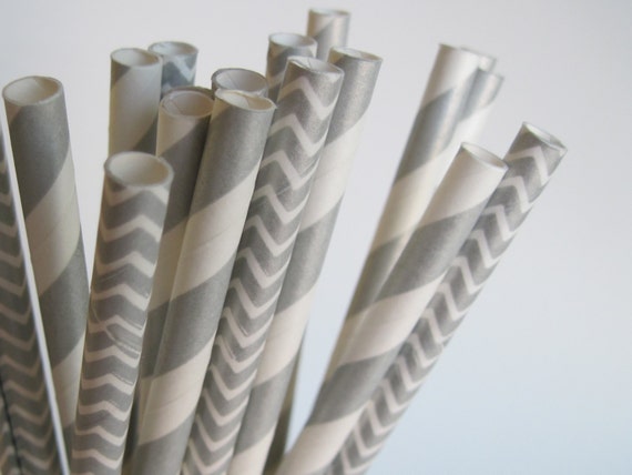 Metallic Silver Grey Stripe and Chevron Paper Straw Mix - Stripe, Dot & Chevron - ships less than 24 hours Il_570xn