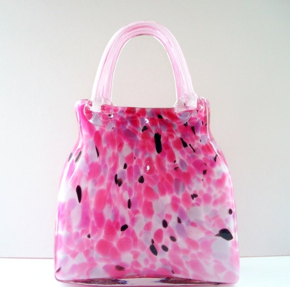 Large Art Glass Purse Vase Pink Tortoise Shell Encased Glass Handbag ...