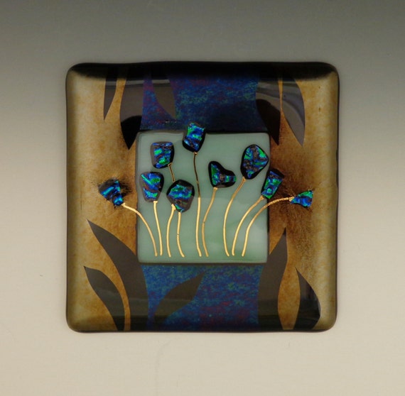 Art Glass Wall Tile Green Floral Dichroic Blue Buds