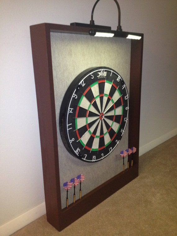LED LIGHTED Sandstone Felt & Brown Trim Dart Board Backboard