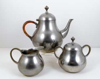 Royal Holland Pewter Tea Pot Set Creamer Sugar Caned Handle Pot