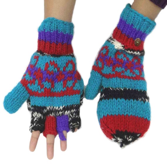 Indian handmade Woolen Winter Gloves Hand Knitted Blue Women Mittens