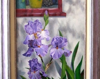Orinda Irises - Lavender Irises by a Red Window - Oil Painting