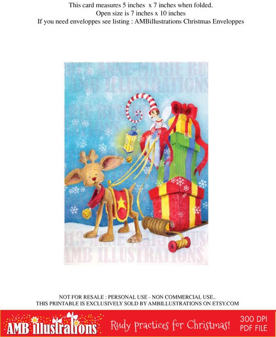 Printable Christmas cards DIY instant download - Rudy's pulling fairy and sleigh AMB-609 Il_570xn