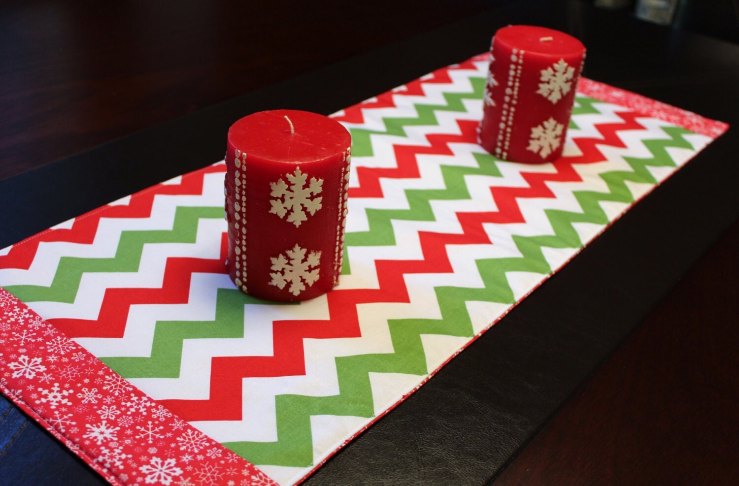 Modern Red and Green Chevron Christmas table runner