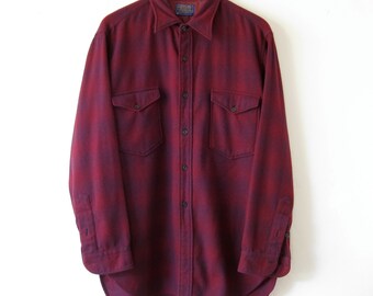 VTG 1980s Maroon Pendleton Flannel Shirt Sz. XL (17.5) Wool Long Sleeve Plaid Button Up