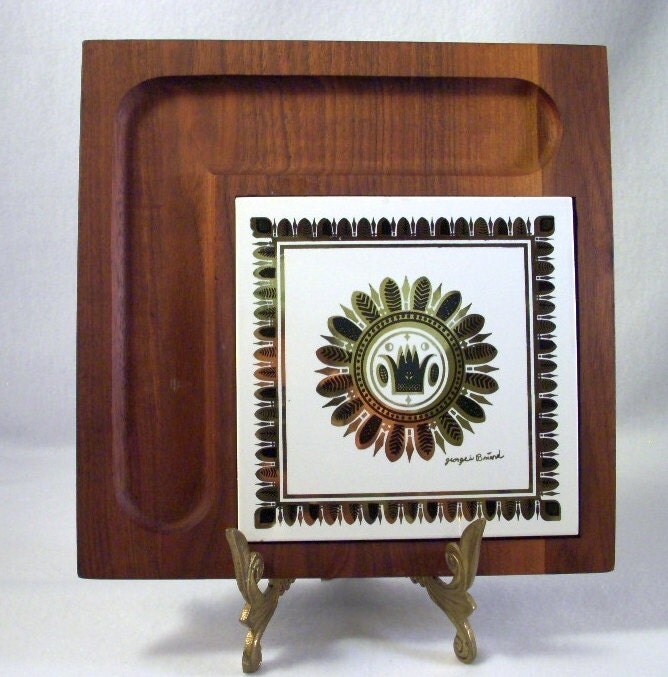 Mid Century Teak Serving Tray, Briard Cheese and Cracker Board