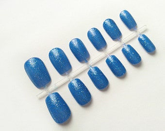 Blue Glittery Hand Painted Fake Nails, False Nail Set, Artificial Nails