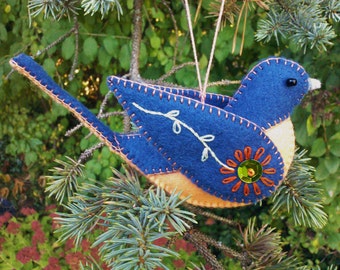 Wool Felt Bluebird Ornament, Felt Bird Ornament, Embroidered Bluebird Decoration, Felt Ornament, Folk art Bluebird