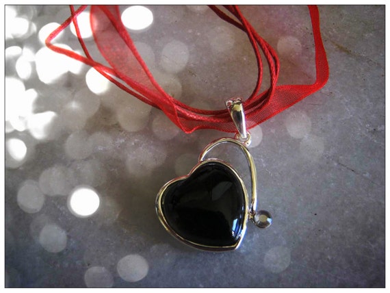 Handmade Red Silk Necklace with Onyx Heart in Silver Heart by IreneDesign2011