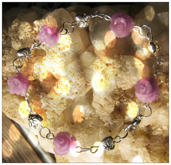 Handmade Silver Bracelet with Purple Resin Roses & Hearts by IreneDesign2011
