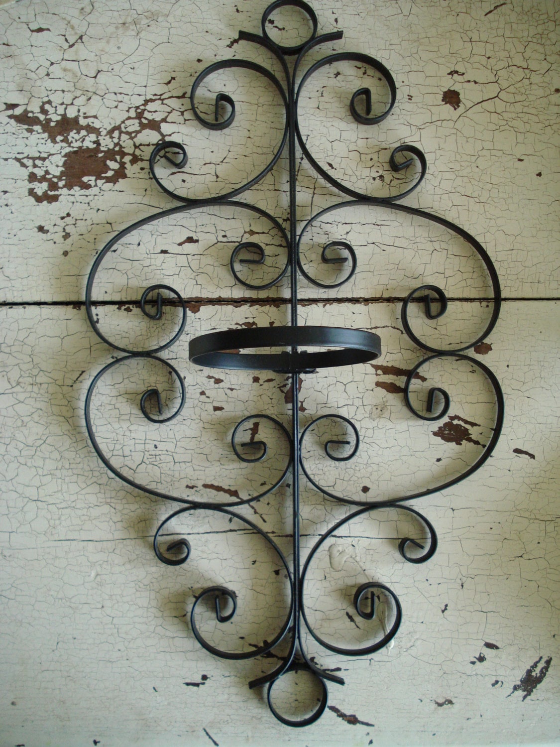 Vintage Black Wrought Iron Scroll Planter Wall Hanging
