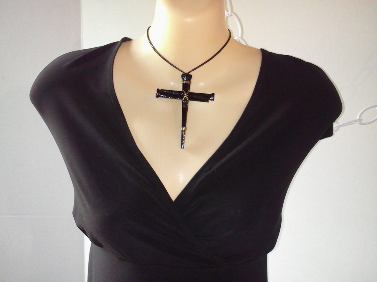 Metal Cross Of Coffin Nails Necklace Glossy Black Gothic