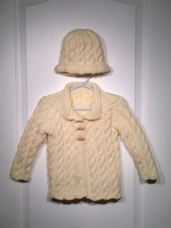 Handknitted Cream Coat and Hat set by SundayLane on Etsy