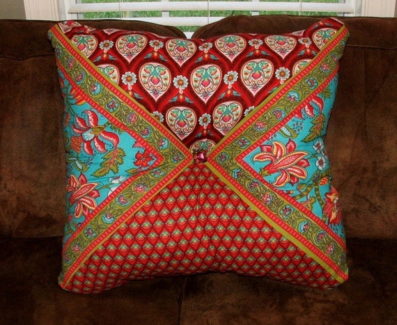 Red and Turquoise Extra Large Stuffed Square Pillow// Red Rose