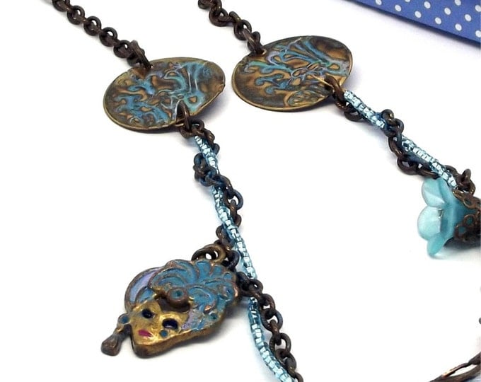 Lady Sings the Blues Steampunk Necklace Romatic Victorian Inspired Pendant with Natural Brass Chain and Aqua Blue Seed Beads OOAK
